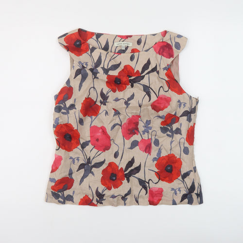 Laura Ashley Womens Beige Floral Linen Basic Tank Size 14 Boat Neck