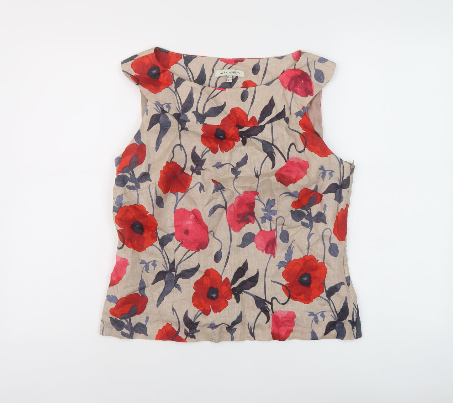 Laura Ashley Womens Beige Floral Linen Basic Tank Size 14 Boat Neck