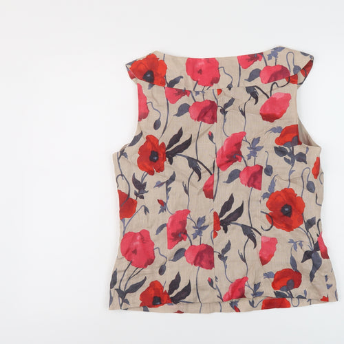 Laura Ashley Womens Beige Floral Linen Basic Tank Size 14 Boat Neck