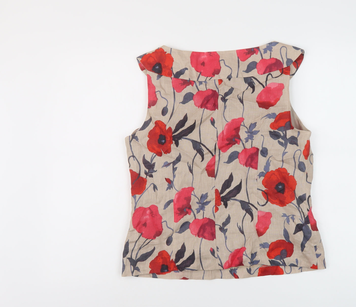Laura Ashley Womens Beige Floral Linen Basic Tank Size 14 Boat Neck