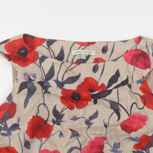 Laura Ashley Womens Beige Floral Linen Basic Tank Size 14 Boat Neck