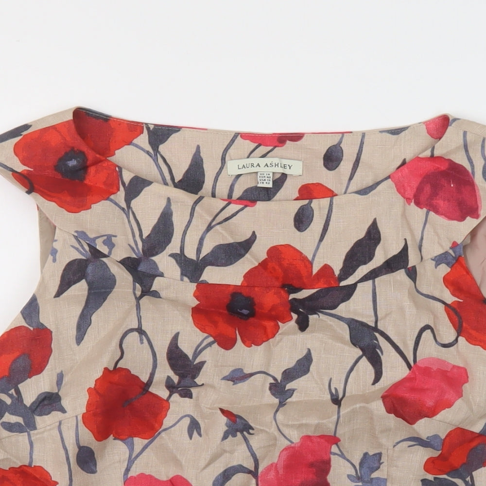 Laura Ashley Womens Beige Floral Linen Basic Tank Size 14 Boat Neck