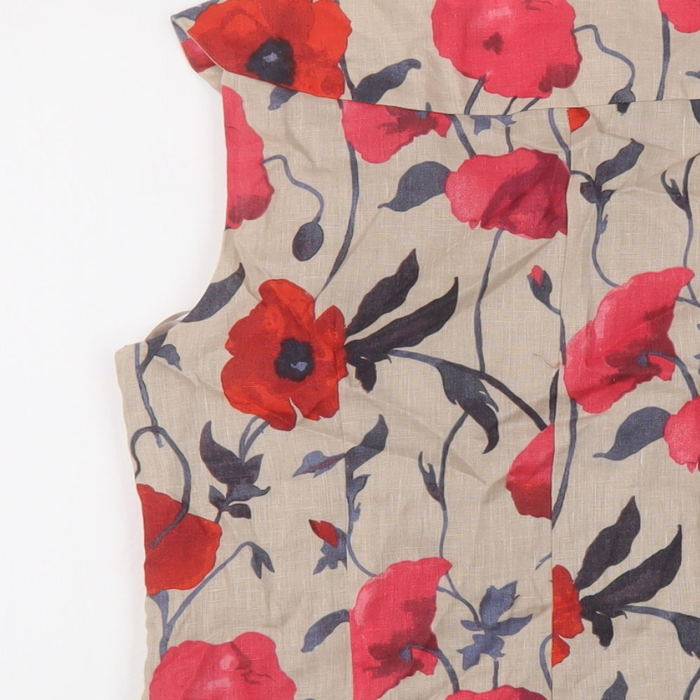 Laura Ashley Womens Beige Floral Linen Basic Tank Size 14 Boat Neck