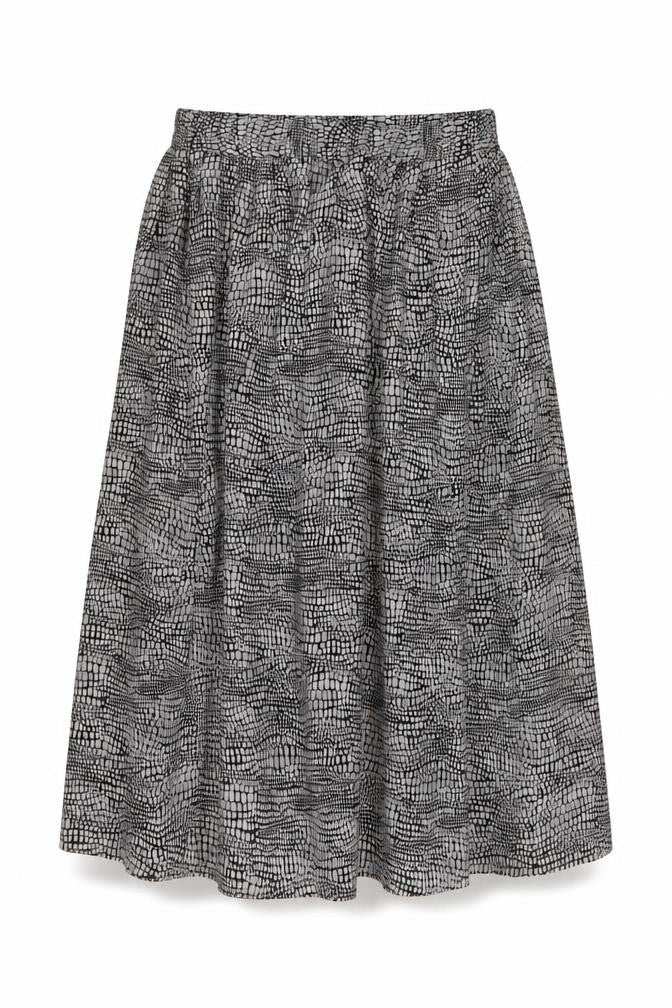 Front view of Debenhams women’s black geometric polyester a-line skirt, size UK 14