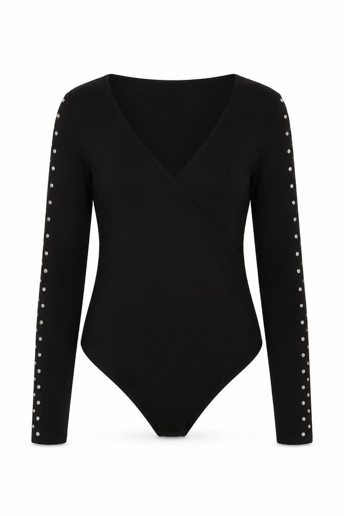 Front view of Zara women’s black polyamide bodysuit one-piece, size S, snap