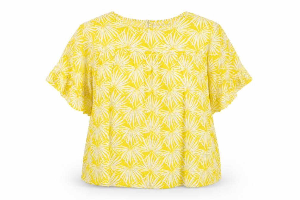 Front view of Marks & Spencer women’s yellow geometric viscose basic blouse, size UK 20, round neck