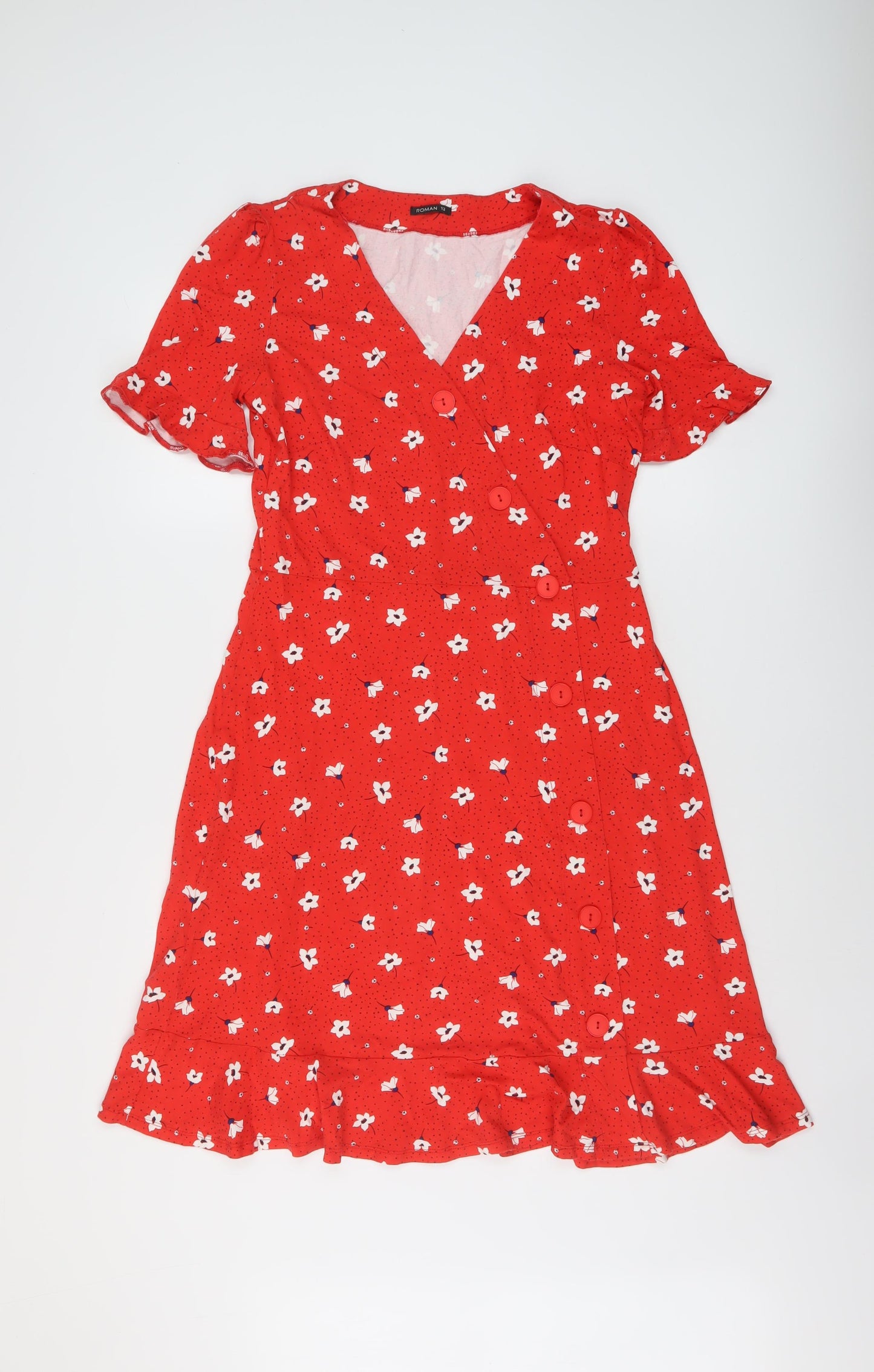 Roman Womens Red Floral Viscose A-Line Size 12 V-Neck Pullover