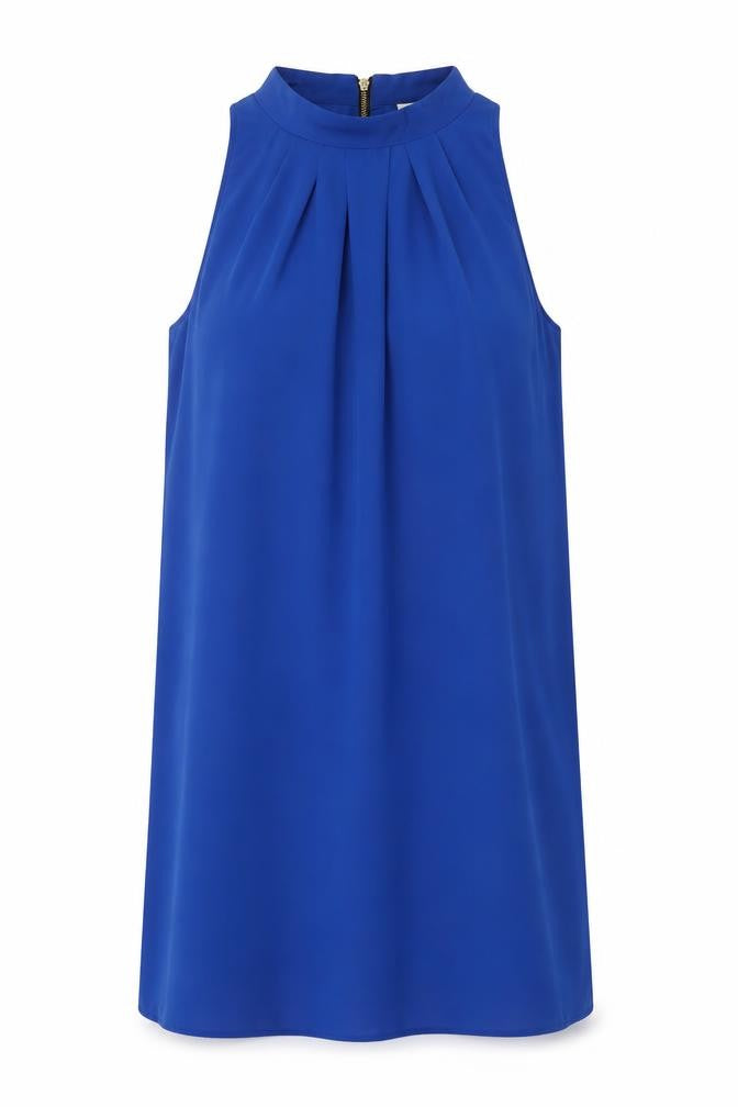 Front view of Sfera women’s blue polyester a-line, size L, mock neck zip