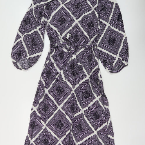 Marks and Spencer Womens Purple Geometric Viscose A-Line Size 10 Round Neck Zip