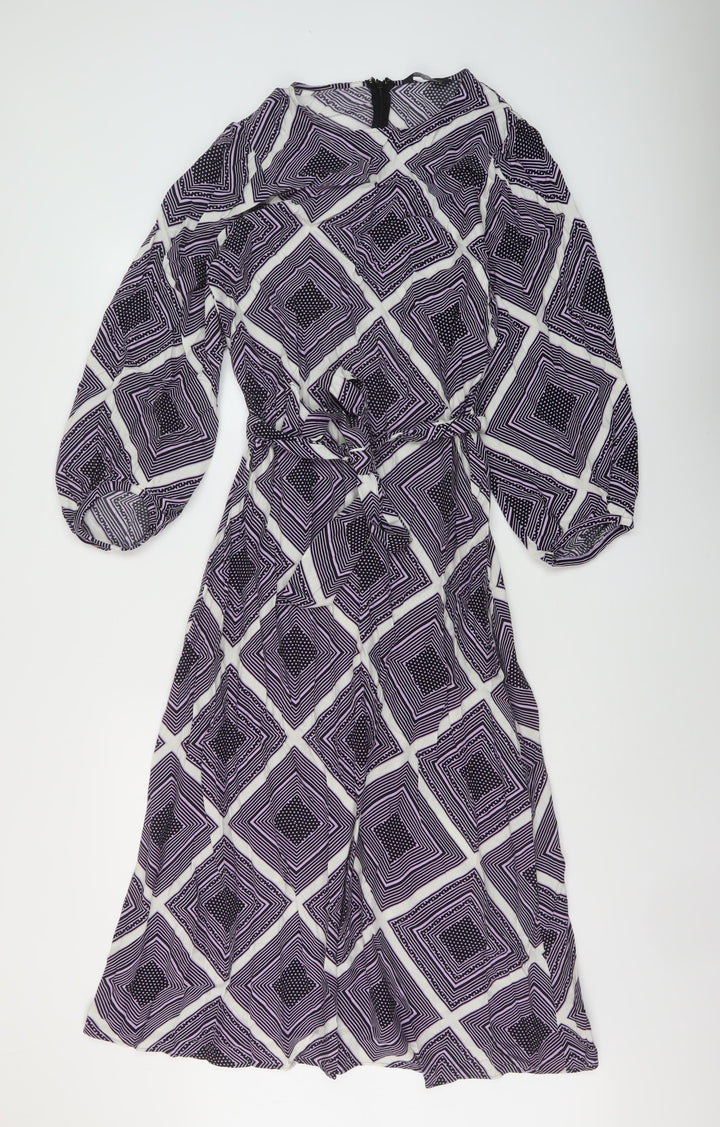 Marks and Spencer Womens Purple Geometric Viscose A-Line Size 10 Round Neck Zip