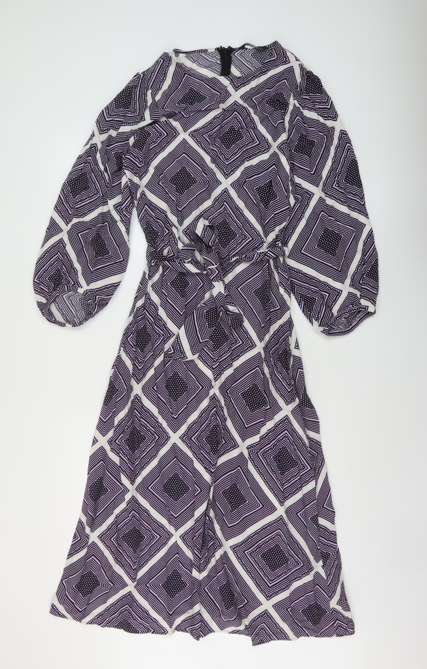 Marks and Spencer Womens Purple Geometric Viscose A-Line Size 10 Round Neck Zip