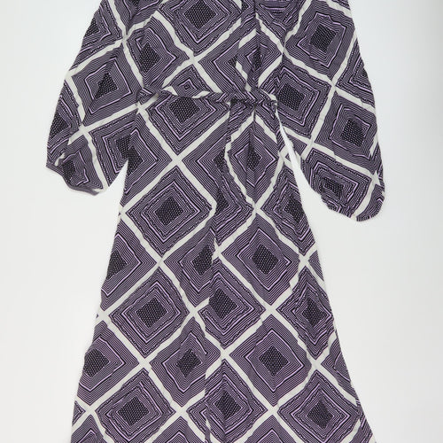Marks and Spencer Womens Purple Geometric Viscose A-Line Size 10 Round Neck Zip