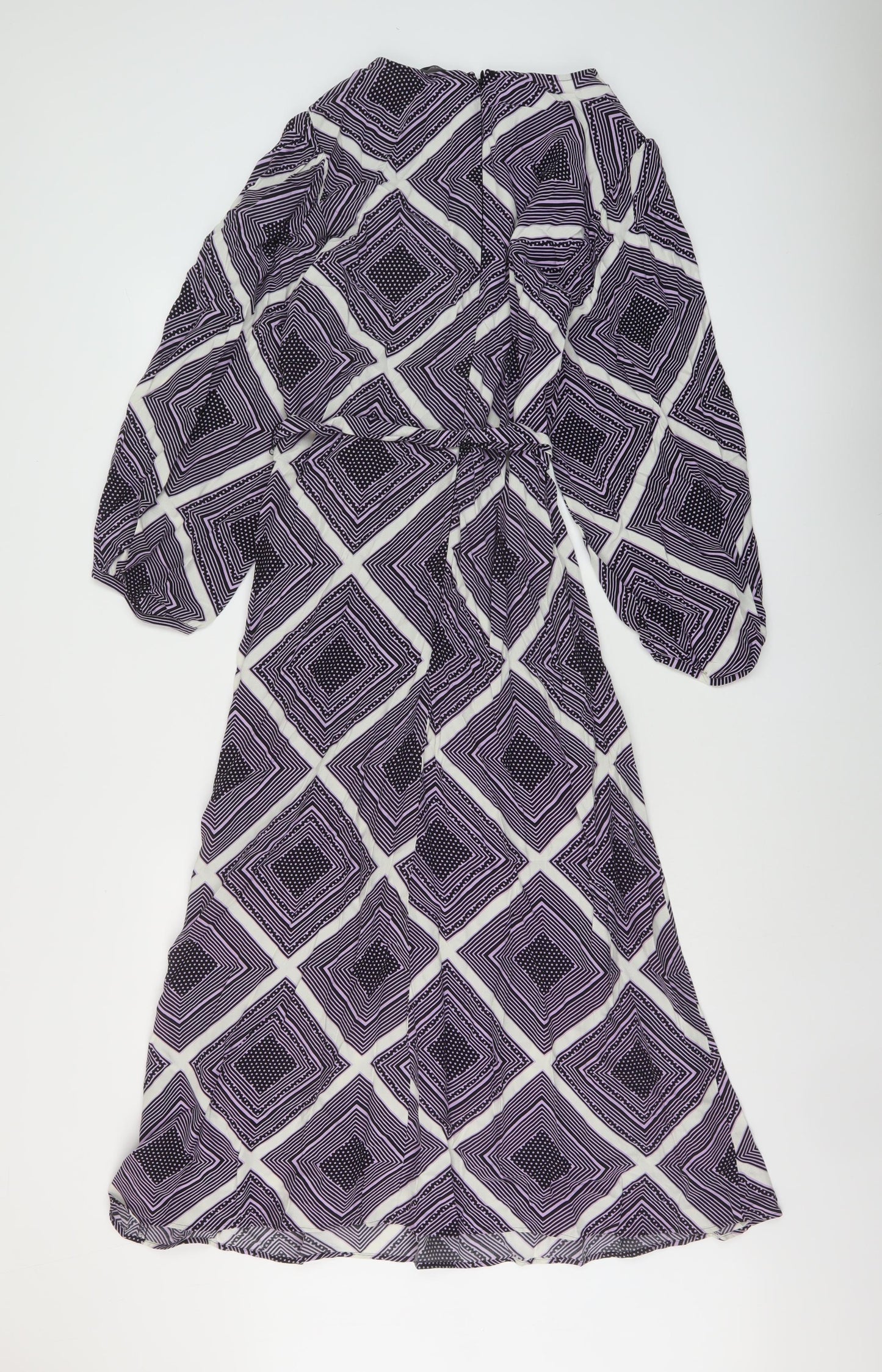 Marks and Spencer Womens Purple Geometric Viscose A-Line Size 10 Round Neck Zip