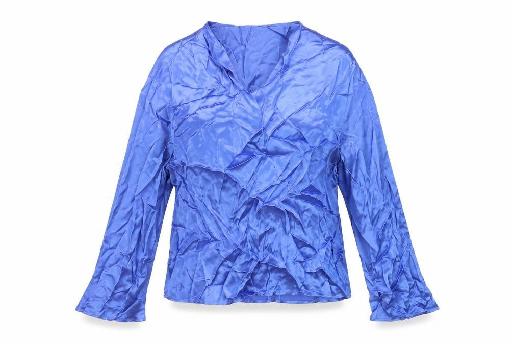 Front view of Marks & Spencer women’s blue viscose basic blouse, size UK 16, mock neck