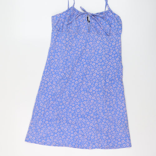 Monki Womens Blue Floral Polyester Mini Size 8 Round Neck