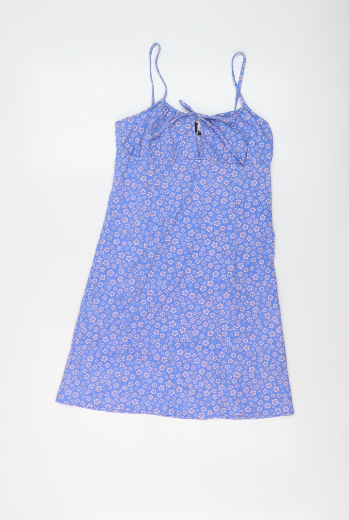 Monki Womens Blue Floral Polyester Mini Size 8 Round Neck