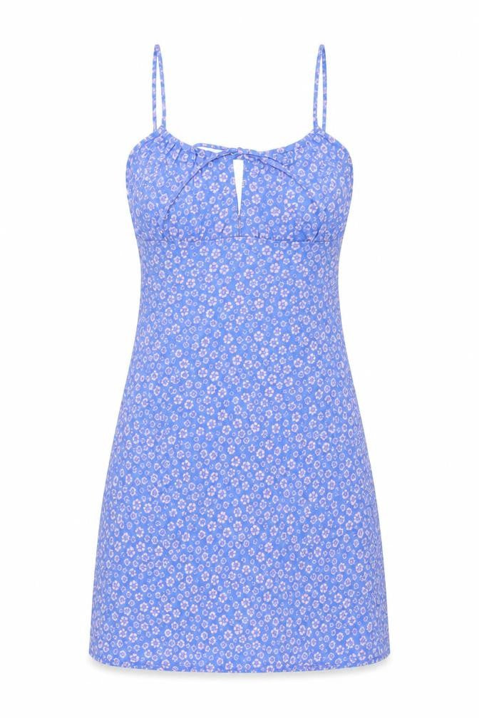 Front view of Monki women’s blue floral polyester mini, size UK 8, round neck