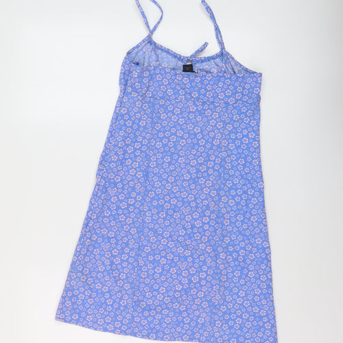 Monki Womens Blue Floral Polyester Mini Size 8 Round Neck