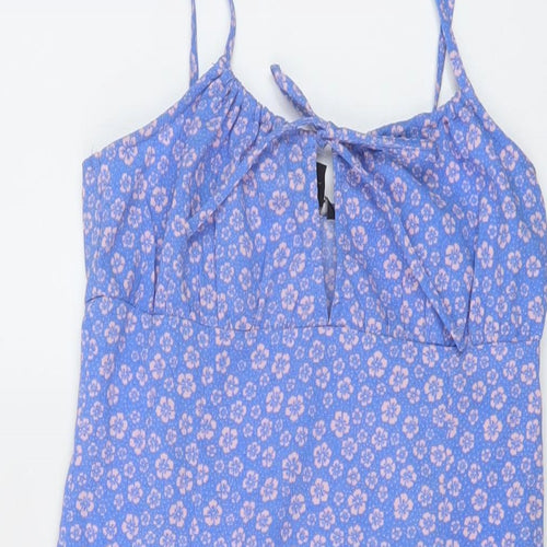 Monki Womens Blue Floral Polyester Mini Size 8 Round Neck