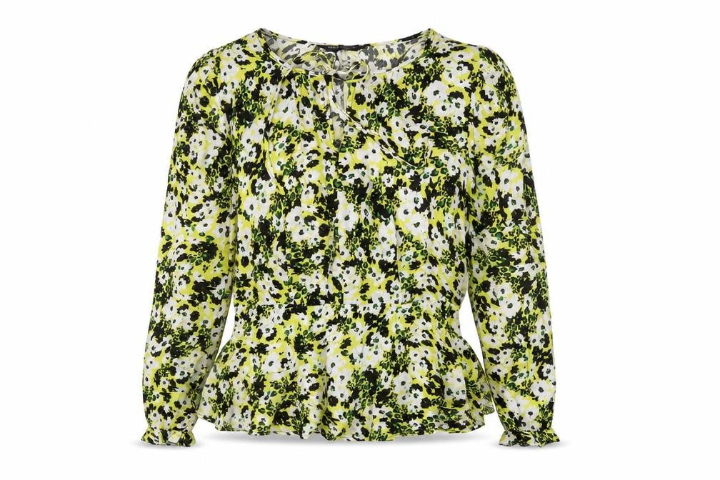 Front view of Marks & Spencer women’s multicoloured geometric viscose basic blouse, size UK 10, round neck