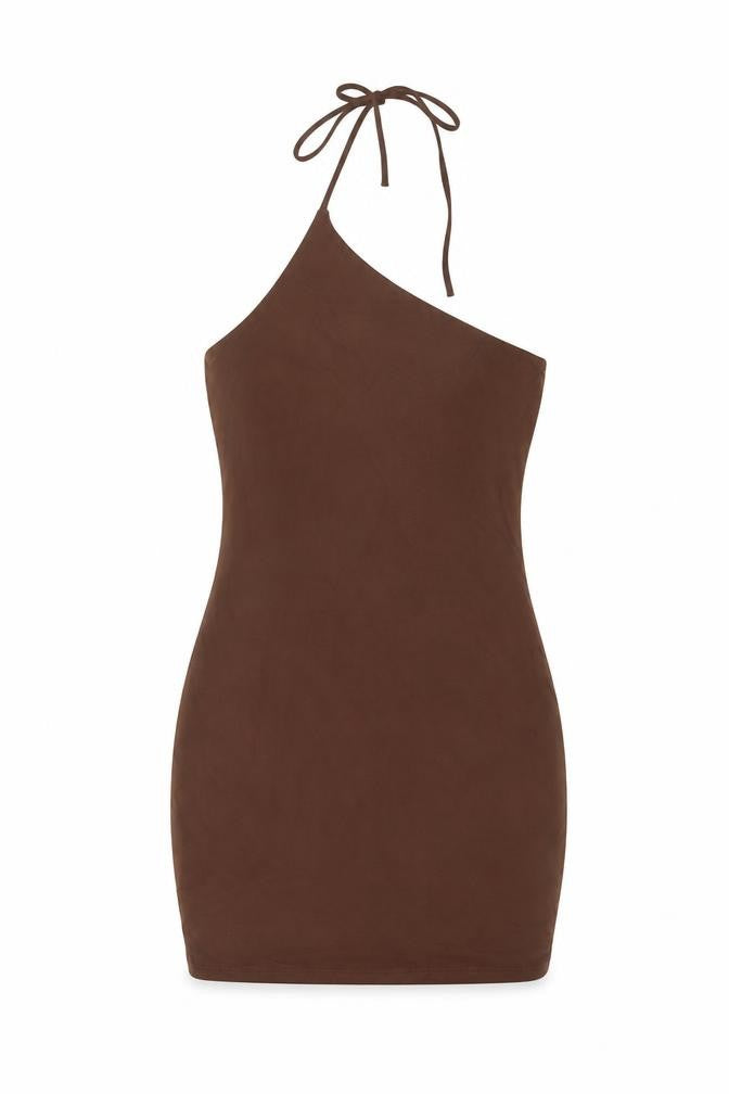 Front view of Oh Polly women’s brown viscose mini, size UK 8, one shoulder pullover