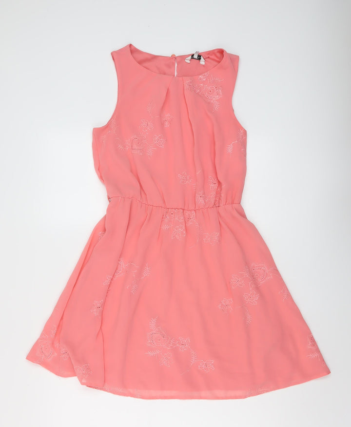 New Look Womens Pink Polyester A-Line Size 12 Round Neck Button