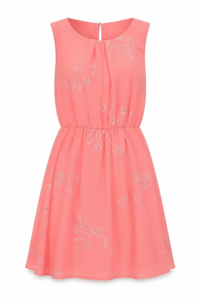 Front view of New Look women’s pink polyester a-line, size UK 12, round neck button