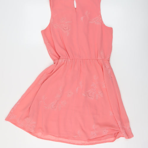 New Look Womens Pink Polyester A-Line Size 12 Round Neck Button