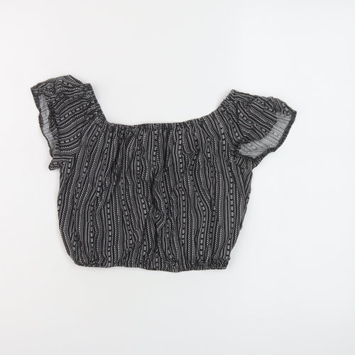 New Look Girls Black Geometric Viscose Cropped Blouse Size 13 Years Square Neck Pullover
