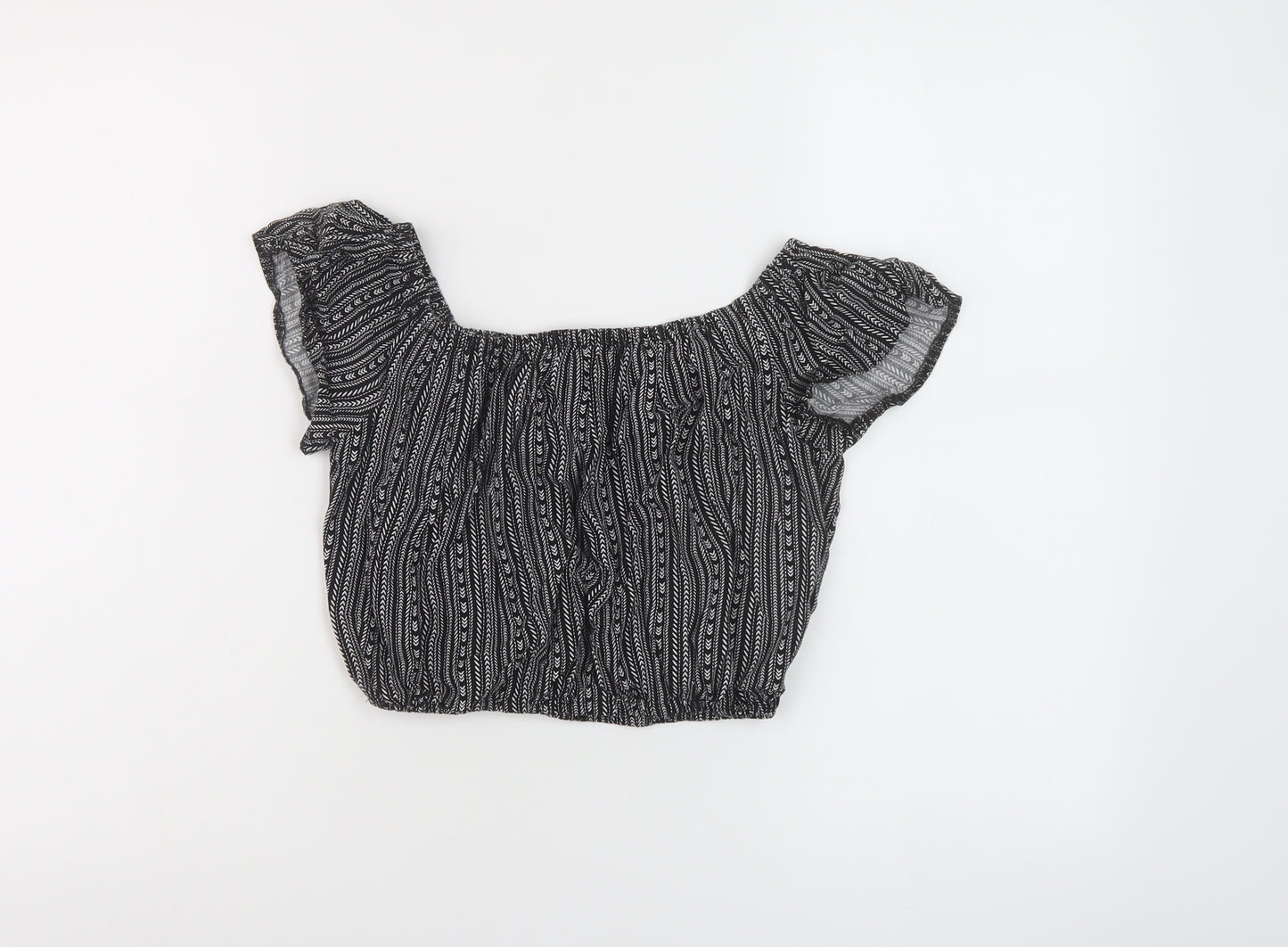 New Look Girls Black Geometric Viscose Cropped Blouse Size 13 Years Square Neck Pullover