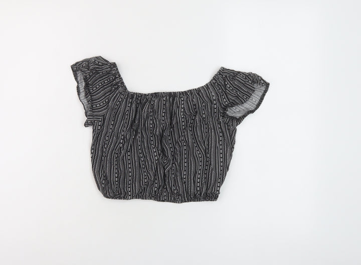 New Look Girls Black Geometric Viscose Cropped Blouse Size 13 Years Square Neck Pullover