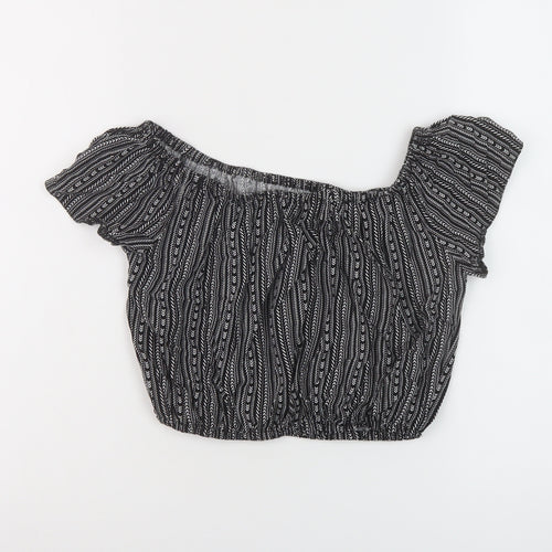 New Look Girls Black Geometric Viscose Cropped Blouse Size 13 Years Square Neck Pullover
