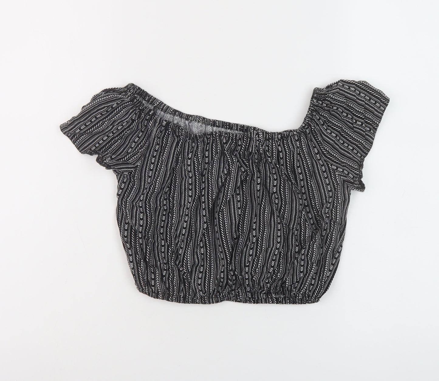 New Look Girls Black Geometric Viscose Cropped Blouse Size 13 Years Square Neck Pullover