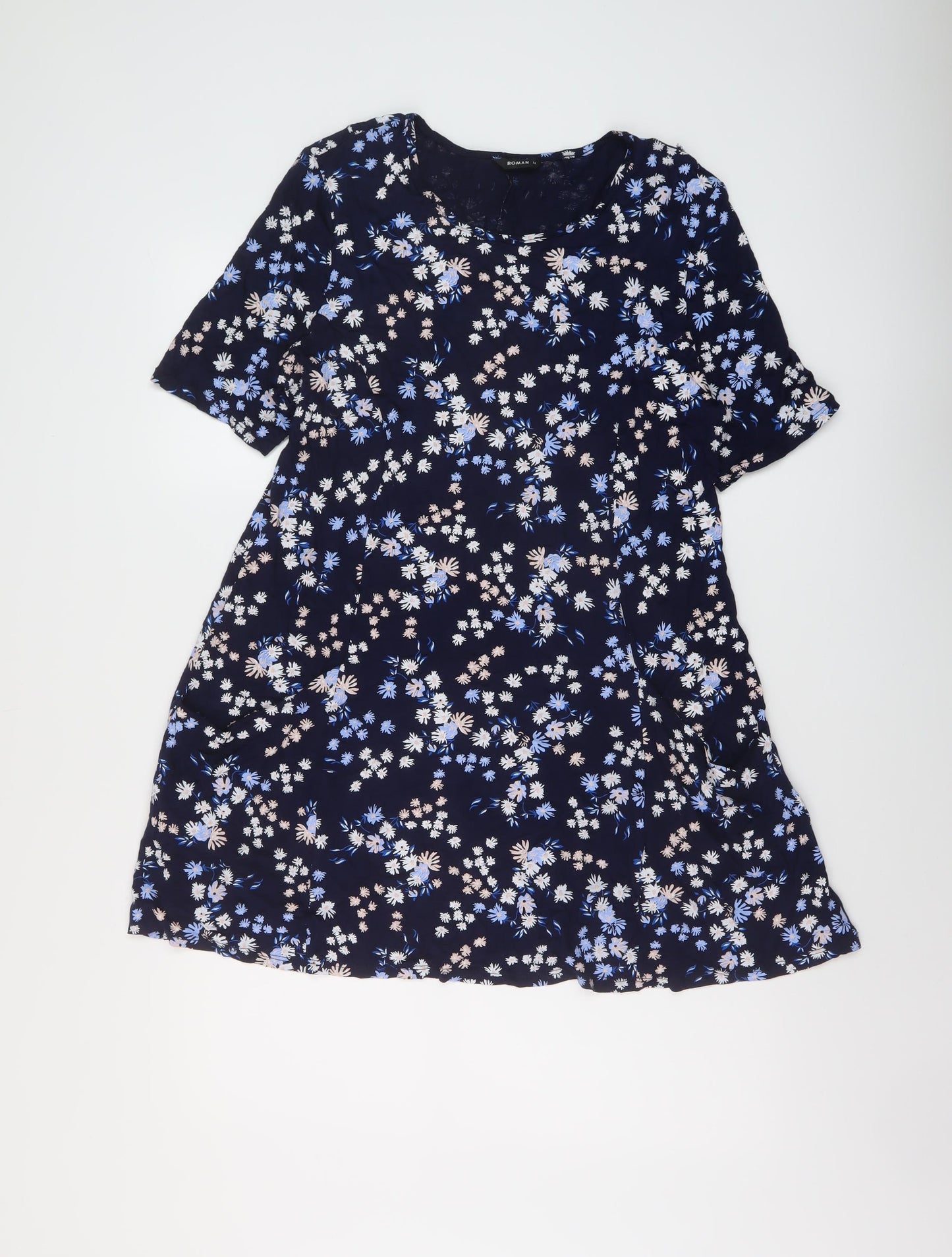 Roman Womens Blue Floral Viscose A-Line Size 14 Round Neck Pullover