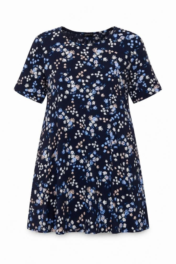Front view of Roman women’s blue floral viscose a-line, size UK 14, round neck pullover
