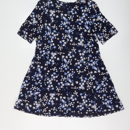 Roman Womens Blue Floral Viscose A-Line Size 14 Round Neck Pullover