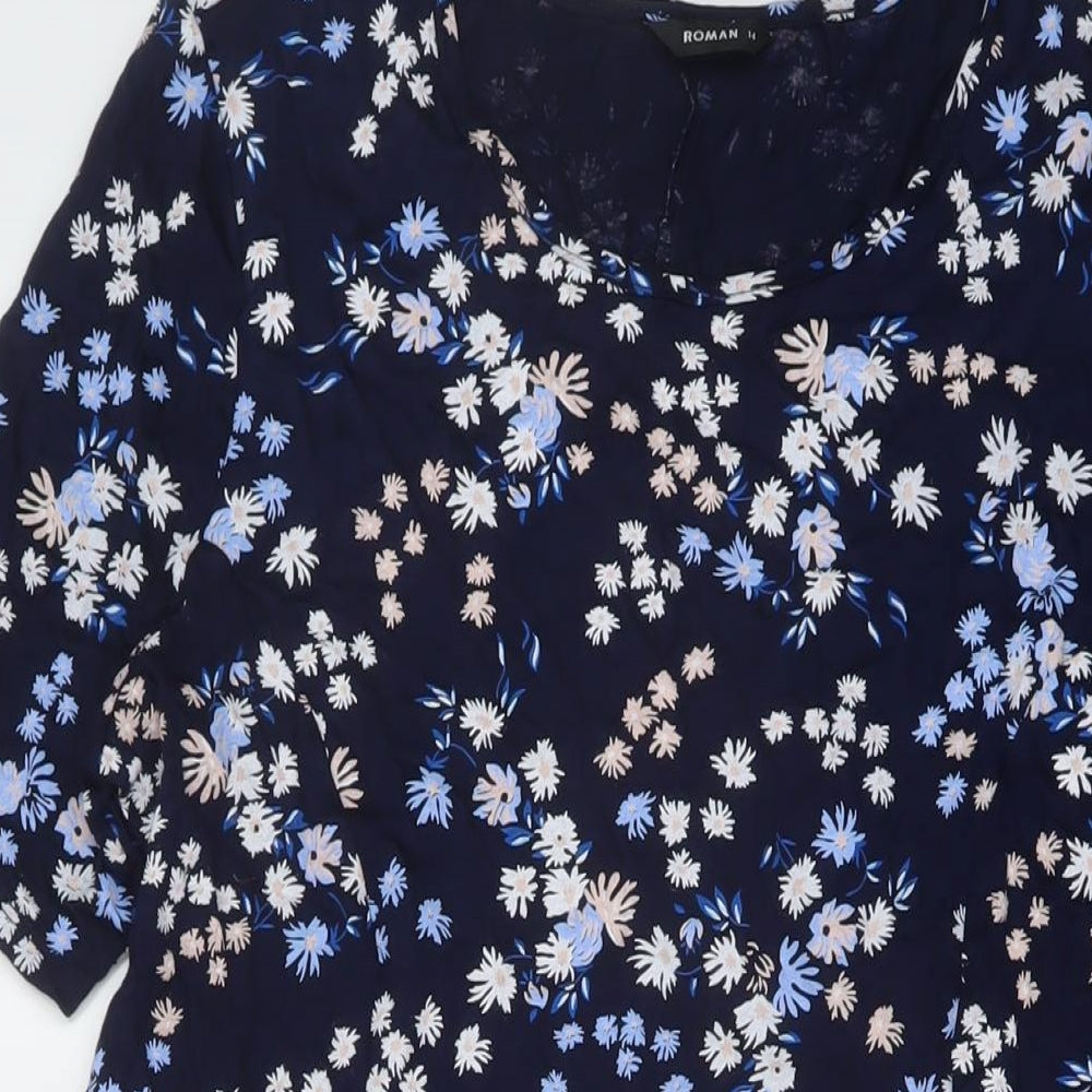 Roman Womens Blue Floral Viscose A-Line Size 14 Round Neck Pullover