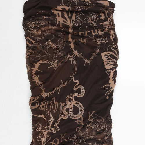 PRETTYLITTLETHING Womens Brown Geometric Polyester Bodycon Size 16 Square Neck Pullover - Drawstring Detail Rouched