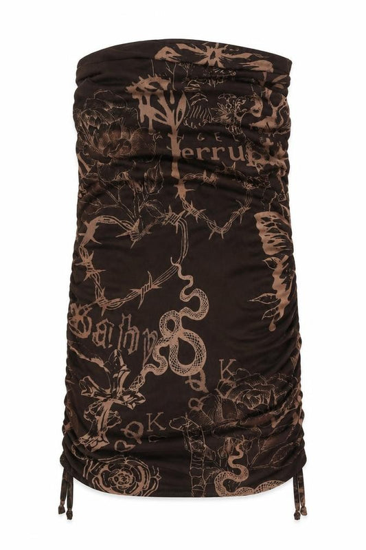Front view of PRETTYLITTLETHING women’s brown geometric polyester bodycon, square neck pullover - drawstring detail rouched