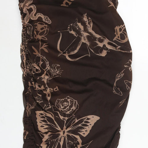PRETTYLITTLETHING Womens Brown Geometric Polyester Bodycon Size 16 Square Neck Pullover - Drawstring Detail Rouched