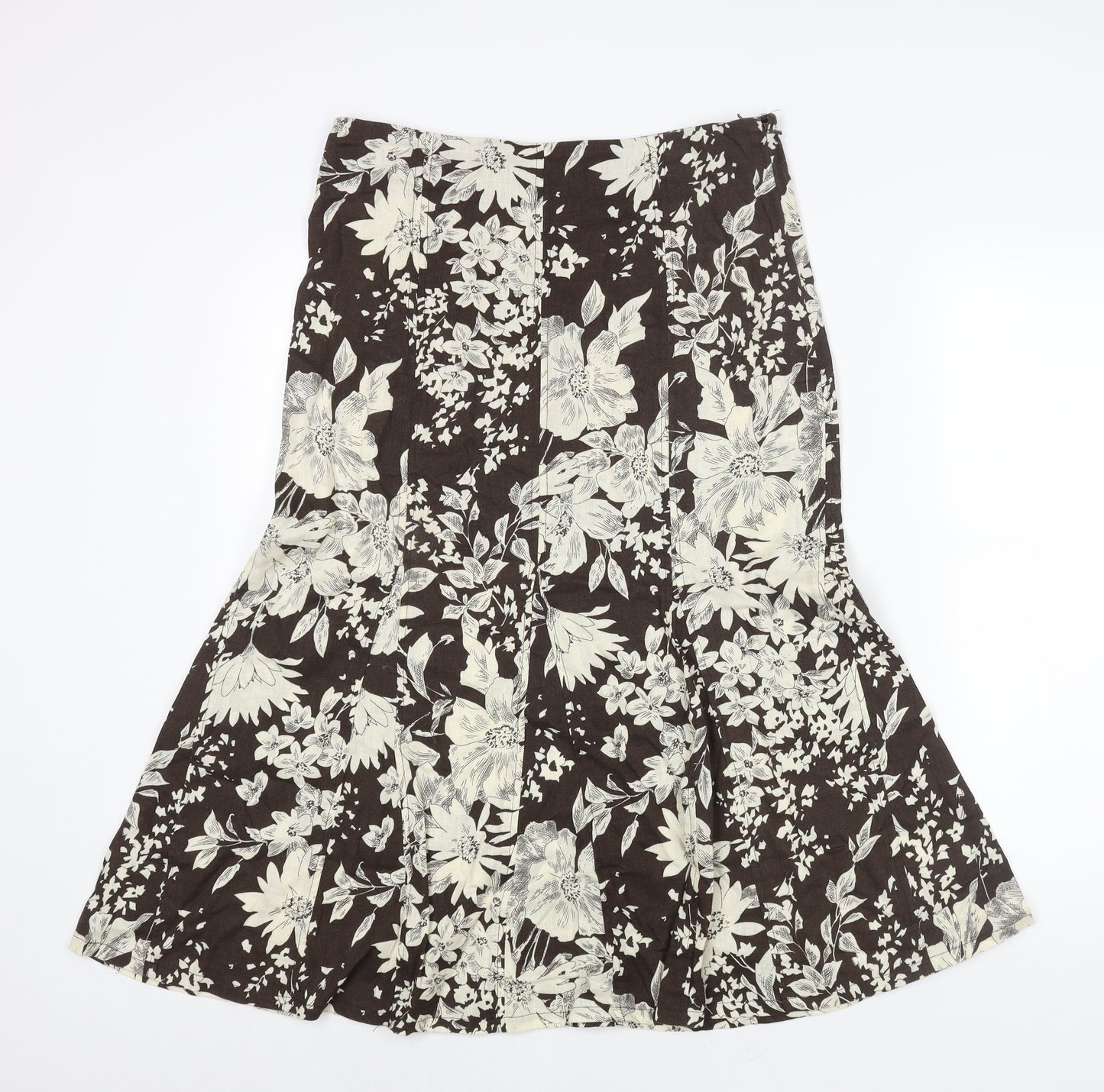 R.Q.T Womens Brown Floral Linen Trumpet Skirt Size 10 Zip