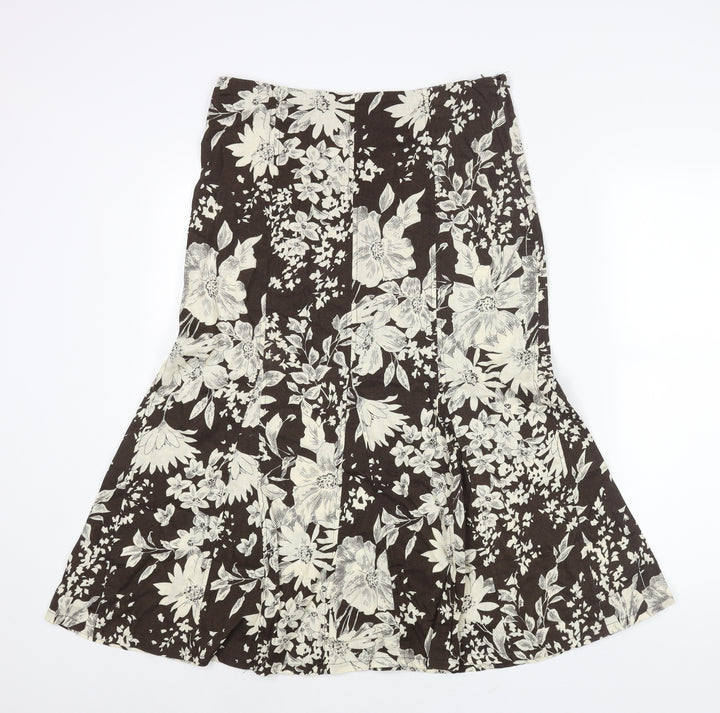 R.Q.T Womens Brown Floral Linen Trumpet Skirt Size 10 Zip