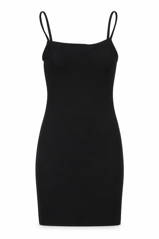 Front view of PRETTYLITTLETHING women’s black polyester mini, size UK 4, scoop neck pullover