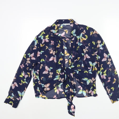 Timing Womens Blue Geometric Polyester Basic Blouse Size S Collared - Semi Sheer Butterfly Print