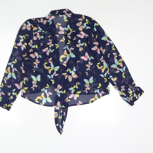 Timing Womens Blue Geometric Polyester Basic Blouse Size S Collared - Semi Sheer Butterfly Print