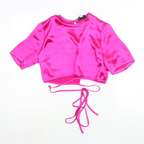 Topshop Womens Pink Polyester Cropped Blouse Size 14 Round Neck - Open Bakc Wrap Tie