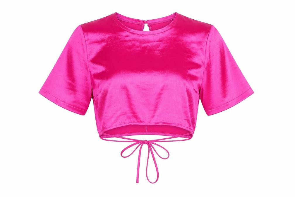 Topshop Womens Pink Polyester Cropped Blouse Size 14 Round Neck - Open Bakc Wrap Tie