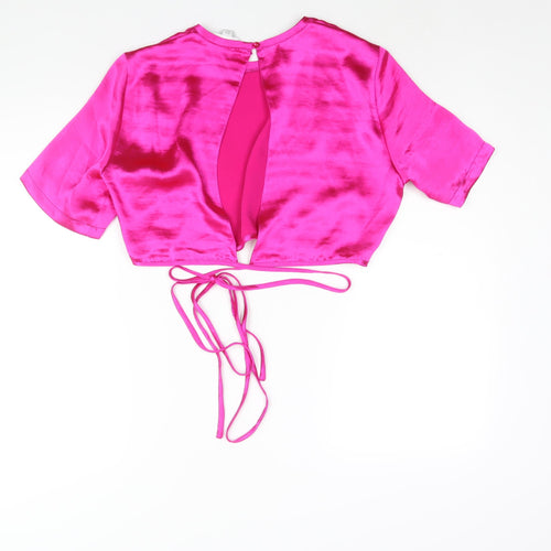 Topshop Womens Pink Polyester Cropped Blouse Size 14 Round Neck - Open Bakc Wrap Tie