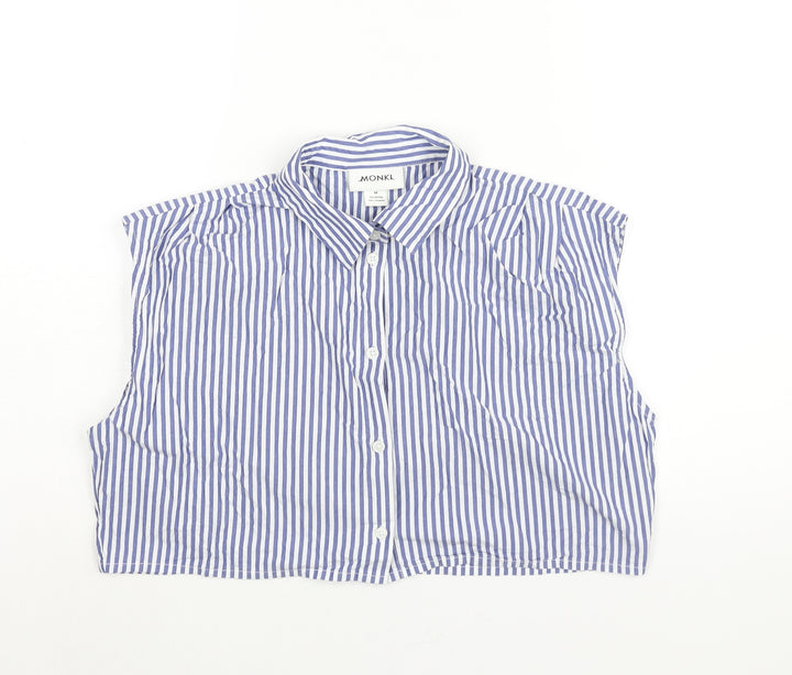 Monki Womens Blue Striped Cotton Cropped Button-Up Size M Collared