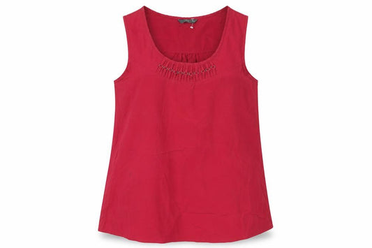 Front view of BHS women’s red polyester camisole blouse, size UK 14, scoop neck